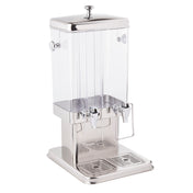 A dual-compartment polycarbonate beverage dispenser featuring a clear rectangular container and shiny metal base. It includes two metal spigots with handles, metallic lid and drip trays, and is ideal for easy serving and durability.