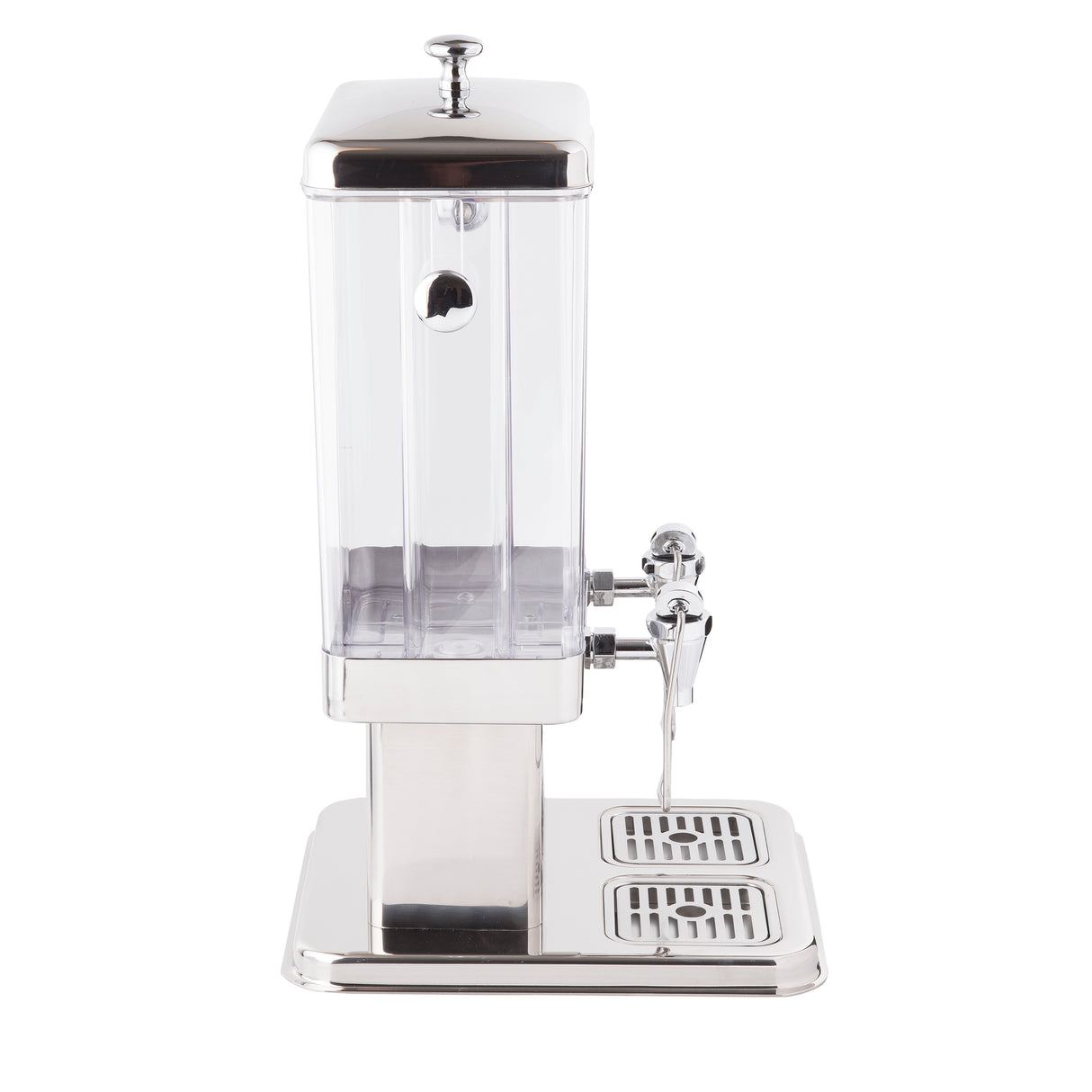 A silver and clear beverage dispenser with a rectangular polycarbonate container, a metal lid, a spigot for pouring drinks, and a drip tray below, all mounted on a shiny metallic base, photographed against a white background.