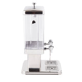 A silver and clear beverage dispenser with a rectangular polycarbonate container, a metal lid, a spigot for pouring drinks, and a drip tray below, all mounted on a shiny metallic base, photographed against a white background.