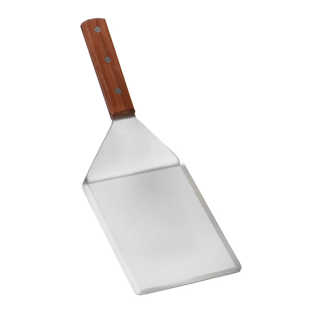 A food turner featuring a stainless steel blade and a wood handle with three metal rivets, isolated on a white background.