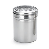 A shiny stainless steel shaker with a cylindrical body and a perforated screw-on lid, designed for sprinkling powdered ingredients. The reflective surface adds style, and the container is dishwasher safe for easy cleaning.
