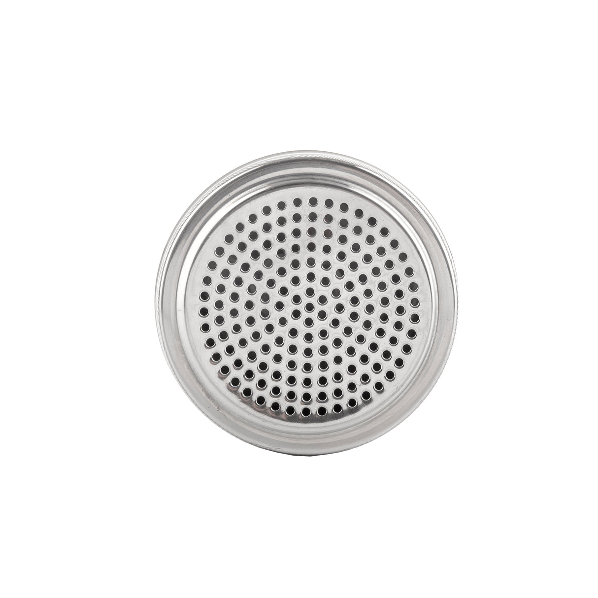 A round, stainless steel replacement lid with numerous small, evenly spaced holes on its flat surface, resembling a strainer or showerhead. The edges are slightly raised. It is dishwasher safe and set against a plain white background, viewed from above.