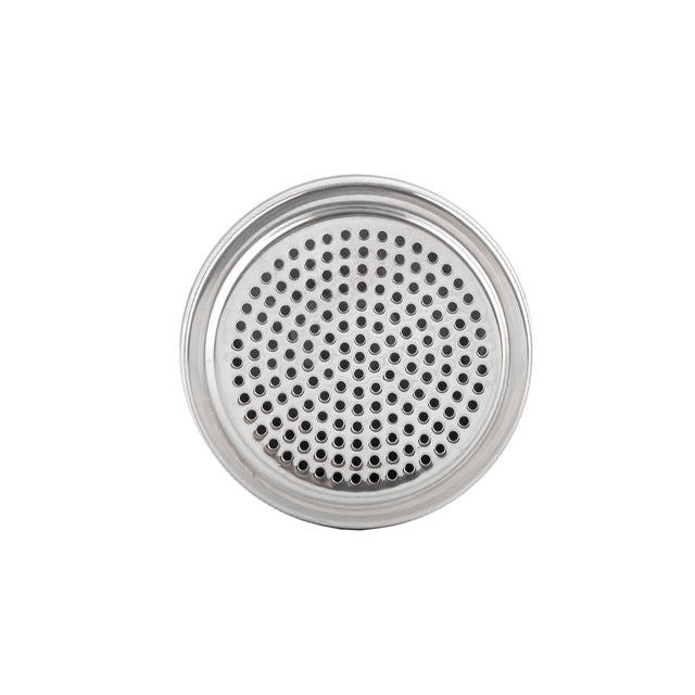 A round, stainless steel replacement lid with numerous small, evenly spaced holes on its flat surface, resembling a strainer or showerhead. The edges are slightly raised. It is dishwasher safe and set against a plain white background, viewed from above.
