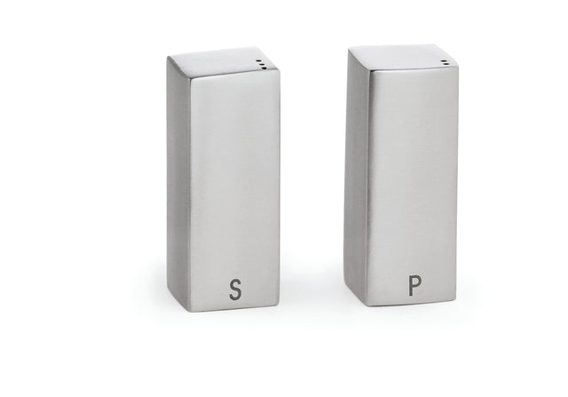 This stainless steel Salt/Pepper Shaker Set features two upright shakers labeled "S" and "P." Both are dishwasher safe, with small holes on flat tops, making them practical and stylish for any kitchen.