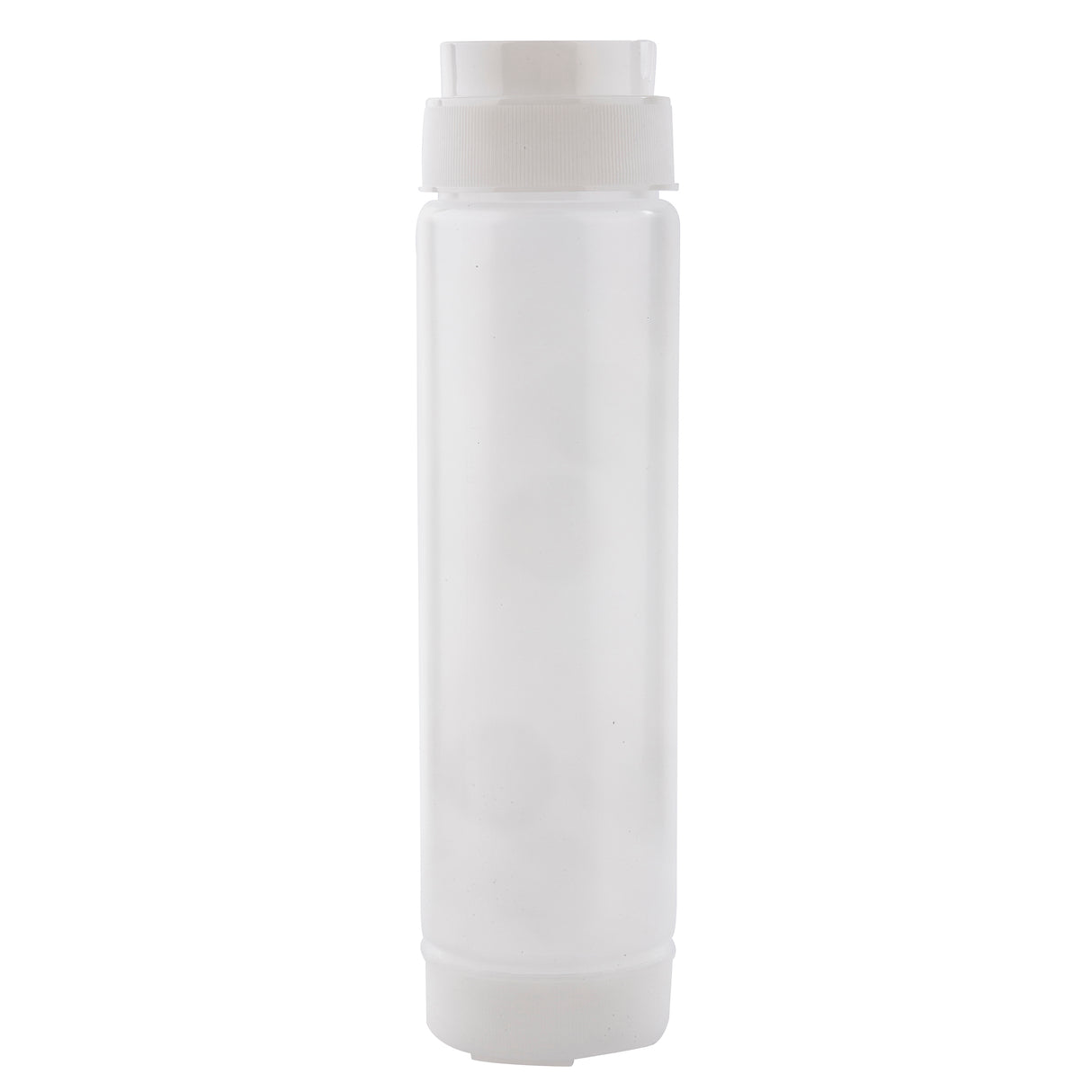 A tall, clear, cylindrical 16 oz plastic bottle with a white ValveTop squeeze dispenser cap. The empty bottle stands upright against a plain white background, featuring a straight shape with slight tapers at the base and top. No labels or markings are visible.