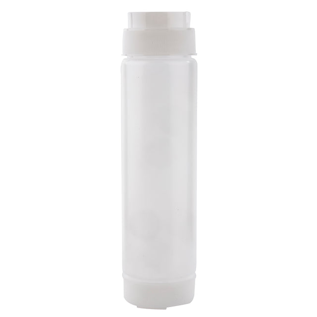 A tall, clear, cylindrical 16 oz plastic bottle with a white ValveTop squeeze dispenser cap. The empty bottle stands upright against a plain white background, featuring a straight shape with slight tapers at the base and top. No labels or markings are visible.