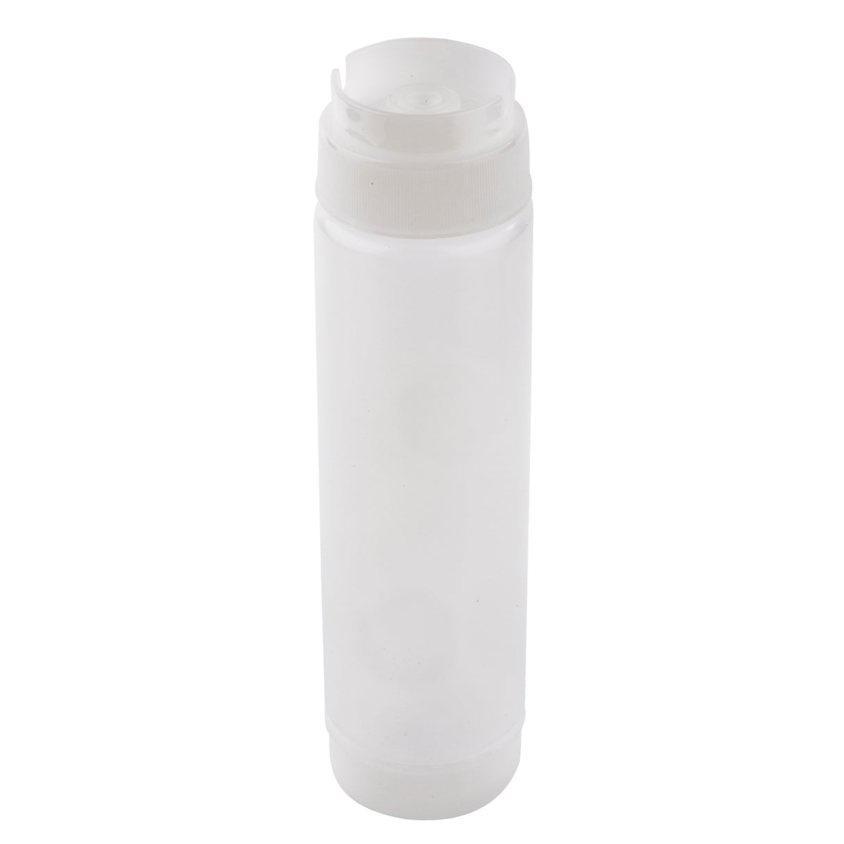 A translucent, cylindrical 16 oz squeeze dispenser bottle with a white snap-top ValveTop cap stands upright on a plain white background. The empty bottle has no labels or markings and is designed for dispensing condiments or sauces.