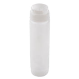 A translucent, cylindrical 16 oz squeeze dispenser bottle with a white snap-top ValveTop cap stands upright on a plain white background. The empty bottle has no labels or markings and is designed for dispensing condiments or sauces.