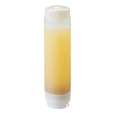 A clear 24 oz Squeeze Dispenser bottle filled with yellowish liquid, possibly salad dressing, with darker sediment settled at the bottom. The NSF-certified bottle has a white cap and is photographed against a plain white background.
