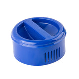 A blue plastic container with a rounded shape, a flat lid, and a raised handle across the top. The surface is glossy and smooth, featuring vertical slits for ventilation or drainage. Made of BPA free material for safe everyday use.