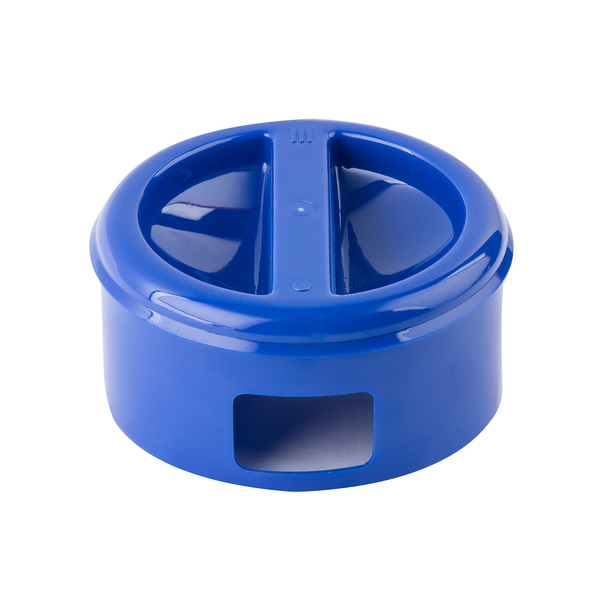 A round, blue plastic replacement pitcher lid with a flat base and two raised sections divided by a central bar. The BPA free lid has a rectangular opening on the side and is placed on a plain white background.