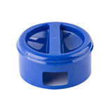 A round, blue plastic replacement pitcher lid with a flat base and two raised sections divided by a central bar. The BPA free lid has a rectangular opening on the side and is placed on a plain white background.