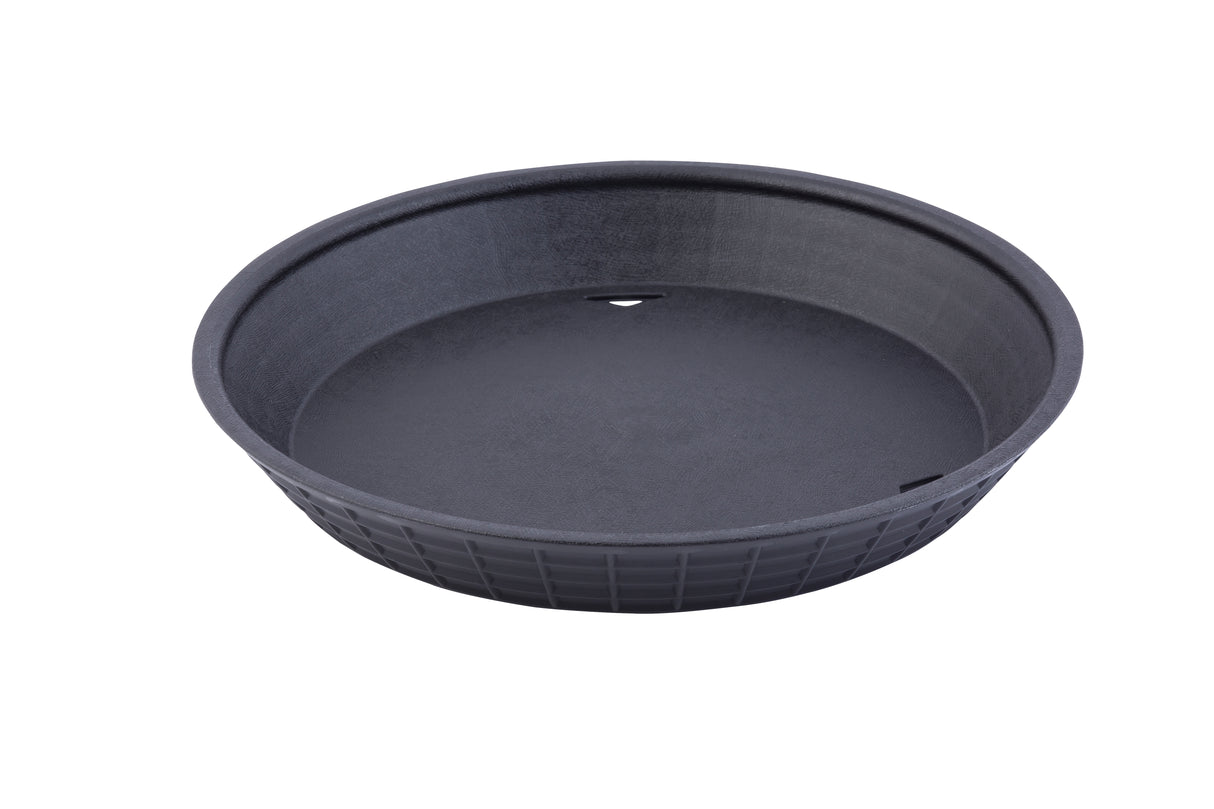 A round, black plastic plant saucer with slightly tapered sides and a textured outer surface. This heat resistant saucer is empty and placed on a white background. It has a shallow depth and is designed to catch excess water from potted plants.