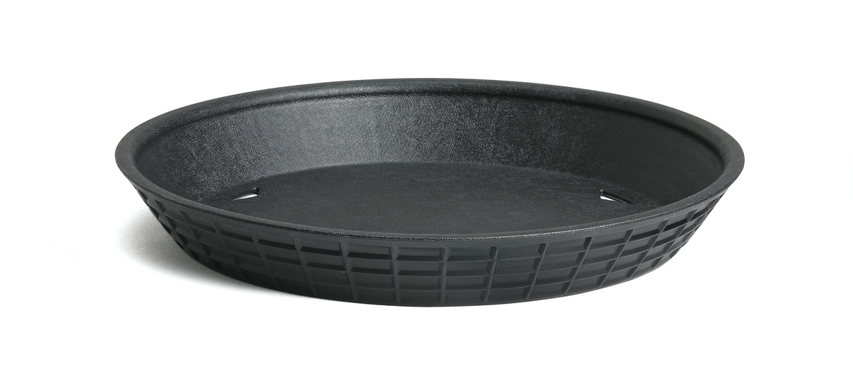 A round, black plastic platter basket with a textured, grid-patterned exterior and smooth interior. Featuring a flat base and flared sides, this heat resistant basket is ideal for serving fries or bread in casual dining settings.