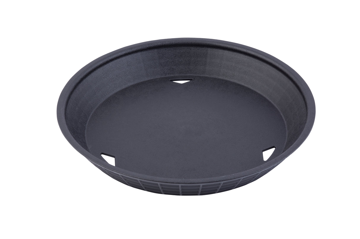 A round, black plastic plant pot seen from above, with a smooth interior and three evenly spaced drainage holes along the bottom edge. The pot has slightly sloped sides, a heat resistant exterior with vertical ridges, and a white background.