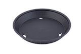 A round, black plastic plant pot seen from above, with a smooth interior and three evenly spaced drainage holes along the bottom edge. The pot has slightly sloped sides, a heat resistant exterior with vertical ridges, and a white background.
