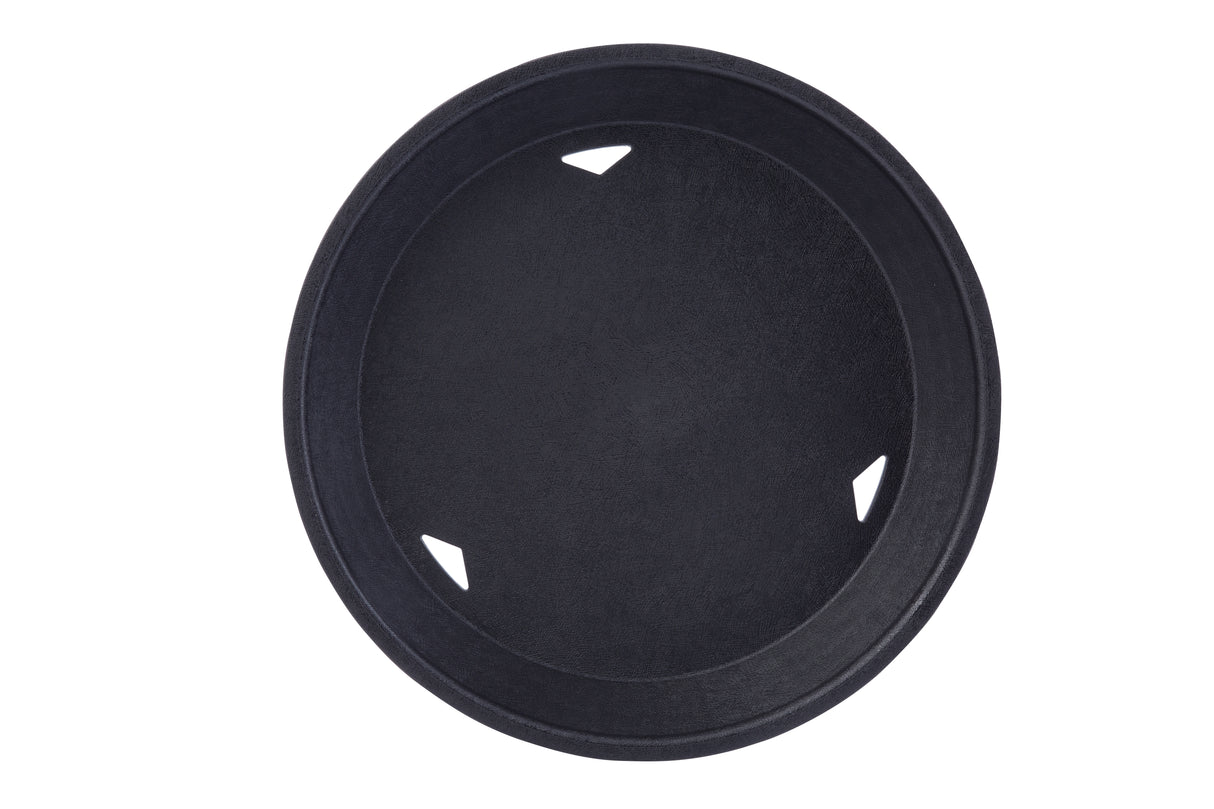A black, round serving tray with a textured surface. Three oval-shaped cut-out handles are spaced evenly near the rim for easy carrying. This heat resistant platter basket is photographed against a white background.