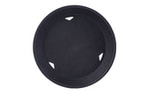 A black, round serving tray with a textured surface. Three oval-shaped cut-out handles are spaced evenly near the rim for easy carrying. This heat resistant platter basket is photographed against a white background.