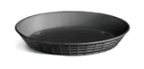 A round, black Platter Basket with a shallow design and a textured, grid-like pattern on the outer sides. The inside is smooth, dishwasher safe, and the basket is set against a plain white background.