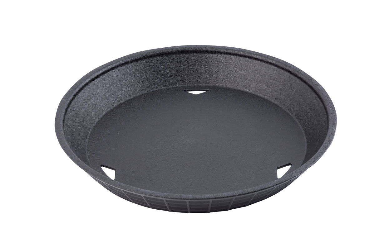 A round, black plastic plant pot saucer with three triangular drainage holes evenly spaced along the bottom edge. The saucer has slightly sloped sides, a smooth surface, and is heat resistant for added durability.