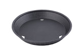 A round, black plastic plant pot saucer with three triangular drainage holes evenly spaced along the bottom edge. The saucer has slightly sloped sides, a smooth surface, and is heat resistant for added durability.