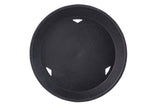 A round, black serving tray with a smooth, heat resistant surface and slightly raised rim. Three oval cut-out handles are evenly spaced near the edge for easy carrying. The background is plain white.