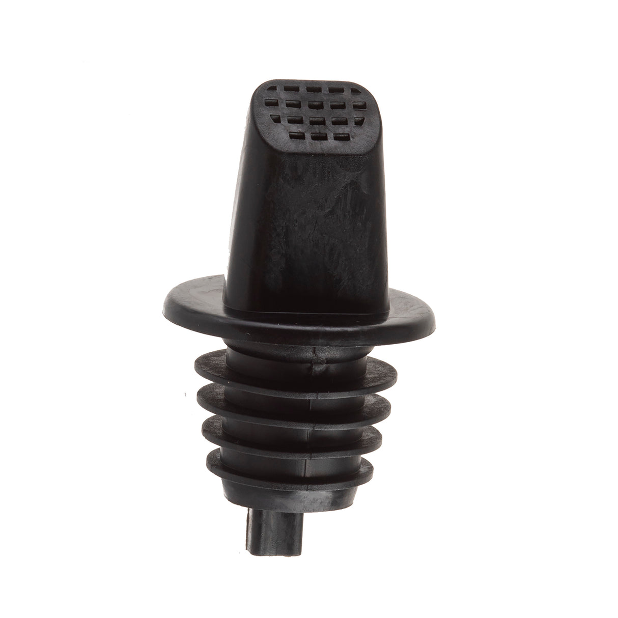 A black plastic vent plug with a ribbed, conical lower section for secure insertion. The top is flat with a rectangular grid of small square holes, similar to the design seen in TableCraft Free Flow Pourers, and features a circular flange for a flush surface fit.