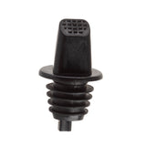 A black plastic vent plug with a ribbed, conical lower section for secure insertion. The top is flat with a rectangular grid of small square holes, similar to the design seen in TableCraft Free Flow Pourers, and features a circular flange for a flush surface fit.