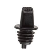 A black plastic vent plug with a ribbed, conical lower section for secure insertion. The top is flat with a rectangular grid of small square holes, similar to the design seen in TableCraft Free Flow Pourers, and features a circular flange for a flush surface fit.