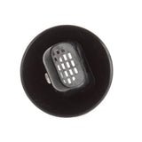 A black round object with a raised rectangular vent in the center, featuring a grid of rectangular holes. Photographed from above, it resembles a TableCraft Free Flow Pourer with its flat circular base and central grated section against a white background.