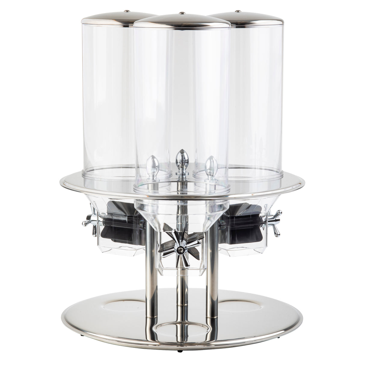 This stainless steel triple cereal dispenser features three clear polycarbonate containers, each with a silver lid and dispensing knob. Its round base and modern, polished design make it ideal for buffet or breakfast setups.