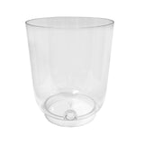 A clear, empty, cylindrical plastic container with a smooth surface and flat base. This transparent replacement reservoir is dishwasher safe, has straight sides, a circular opening at the top, and a small raised area on the bottom inside surface.