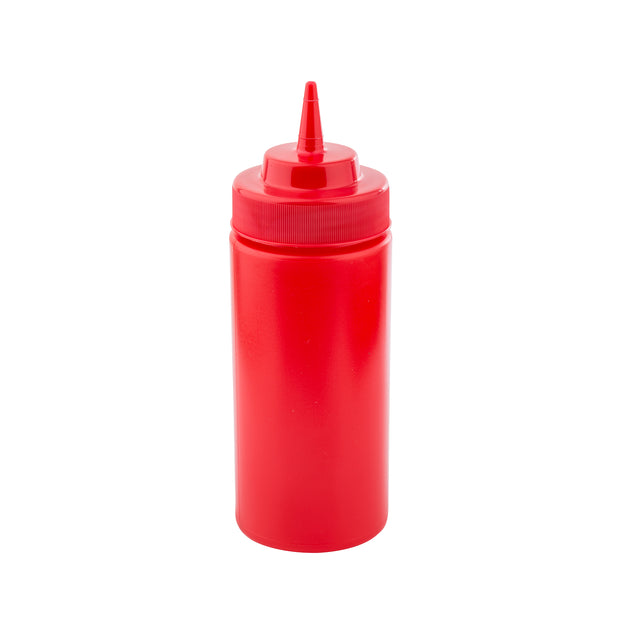 A red 16 oz WideMouth Squeeze Bottle with a pointed nozzle tip and screw-on cap stands upright on a white background. This dishwasher safe squeeze bottle is perfect for dispensing condiments like ketchup in kitchens or restaurants.