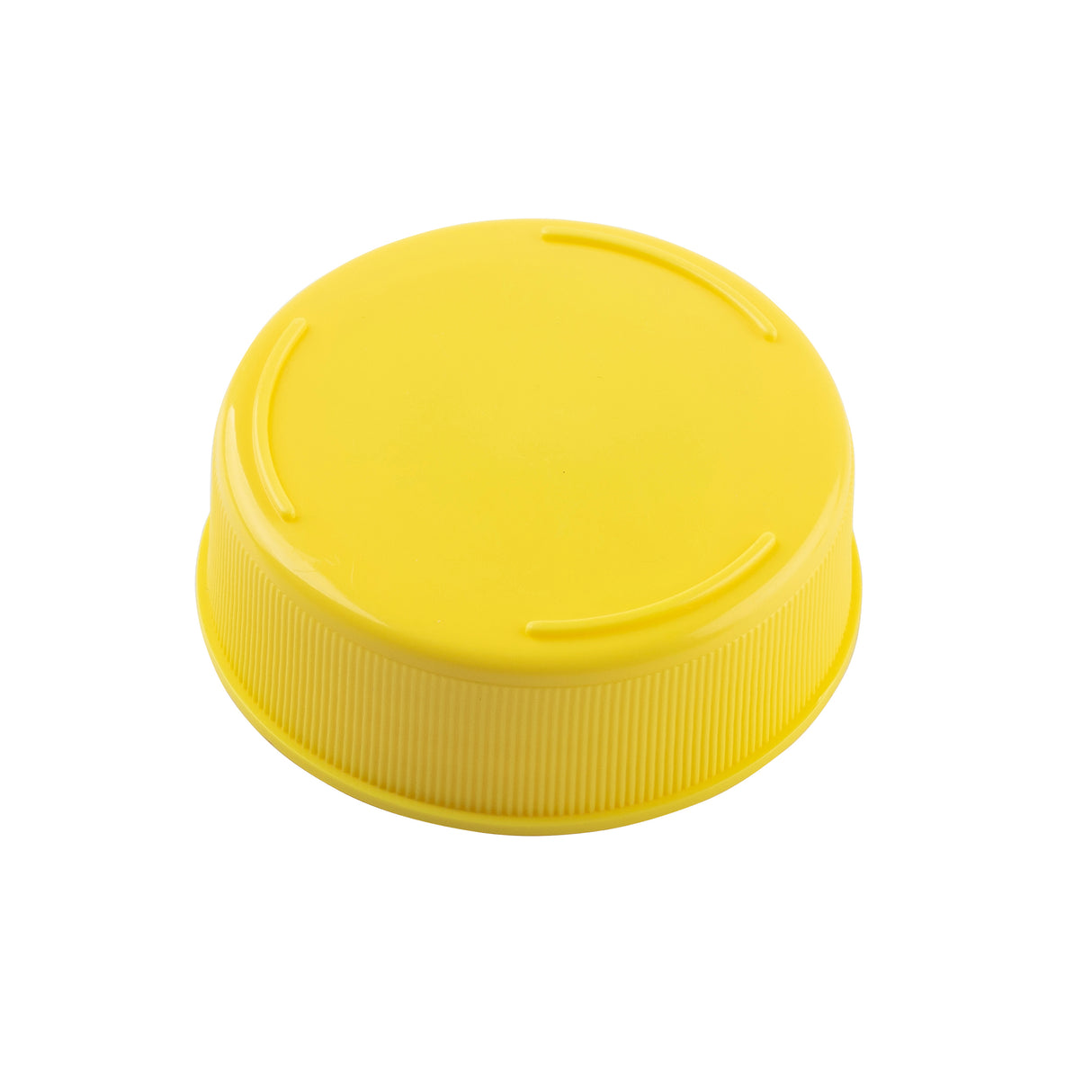 A bright yellow, round 63mm squeeze bottle cap with a smooth top, three subtle raised lines for grip, and ribbed sides for easier twisting. The Invertatop Squeeze Bottle End Cap sits on a white background and is viewed from a slightly high angle.