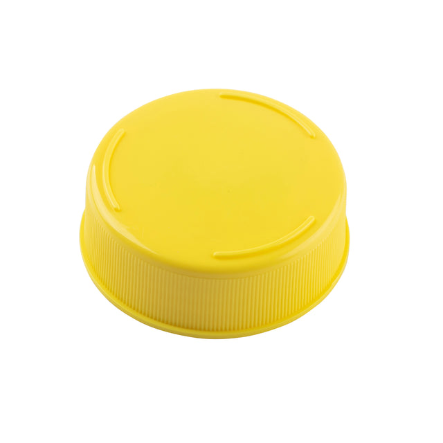 A bright yellow, round 63mm squeeze bottle cap with a smooth top, three subtle raised lines for grip, and ribbed sides for easier twisting. The Invertatop Squeeze Bottle End Cap sits on a white background and is viewed from a slightly high angle.