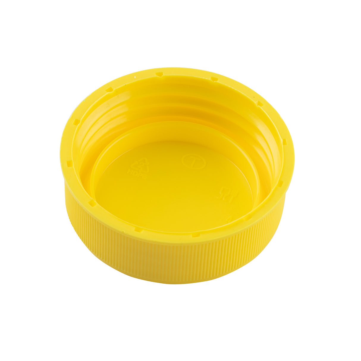 A bright yellow 63mm squeeze bottle cap is shown against a white background. The cap features a ridged outer edge for grip, threading inside for secure fit, and small recycling and material symbols at the base.