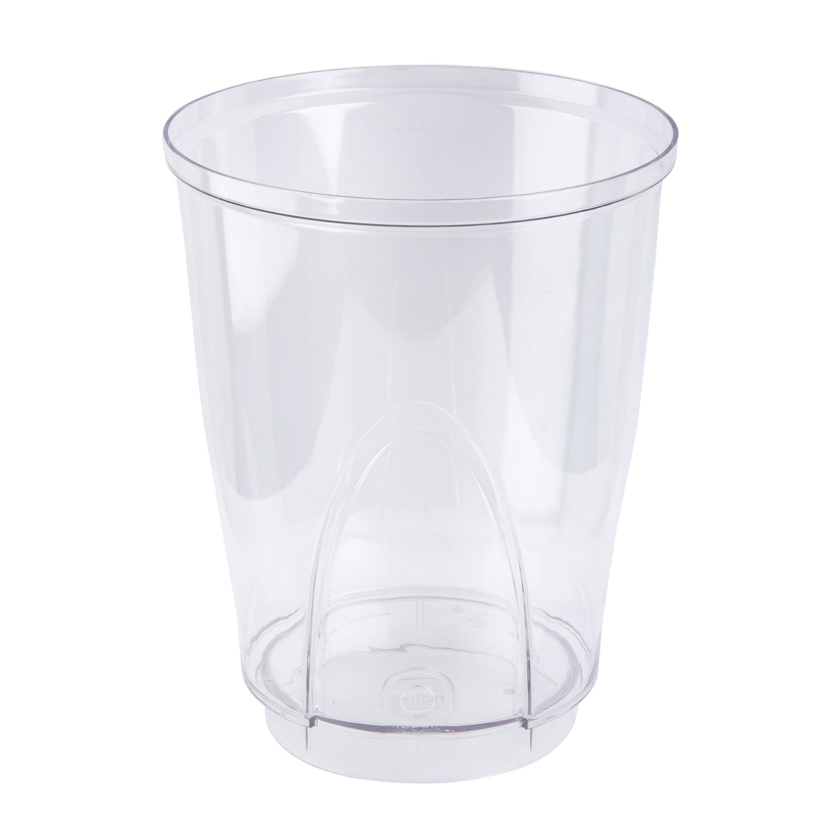 A clear, empty, cylindrical plastic cup with a slightly flared rim and smooth sides, photographed against a white background. Its lightweight, disposable design makes it ideal for use with beverage dispensers as a convenient replacement reservoir.