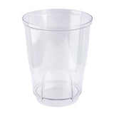 A clear, empty, cylindrical plastic cup with a slightly flared rim and smooth sides, photographed against a white background. Its lightweight, disposable design makes it ideal for use with beverage dispensers as a convenient replacement reservoir.