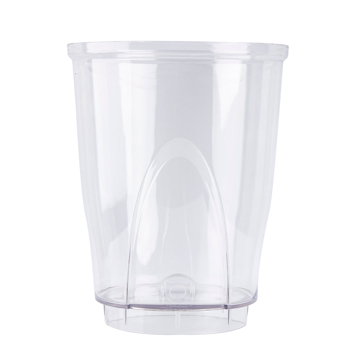A clear, empty plastic cup with smooth sides and a slightly flared rim sits upright on a flat base. This dishwasher safe cup features a raised, curved design at the bottom center for a modern, minimalist look. Plain white background.