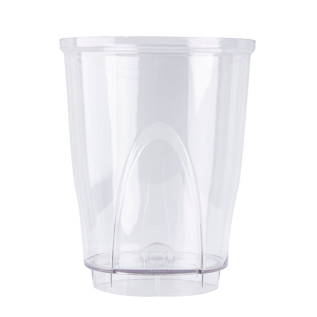 A clear, empty plastic cup with smooth sides and a slightly flared rim sits upright on a flat base. This dishwasher safe cup features a raised, curved design at the bottom center for a modern, minimalist look. Plain white background.