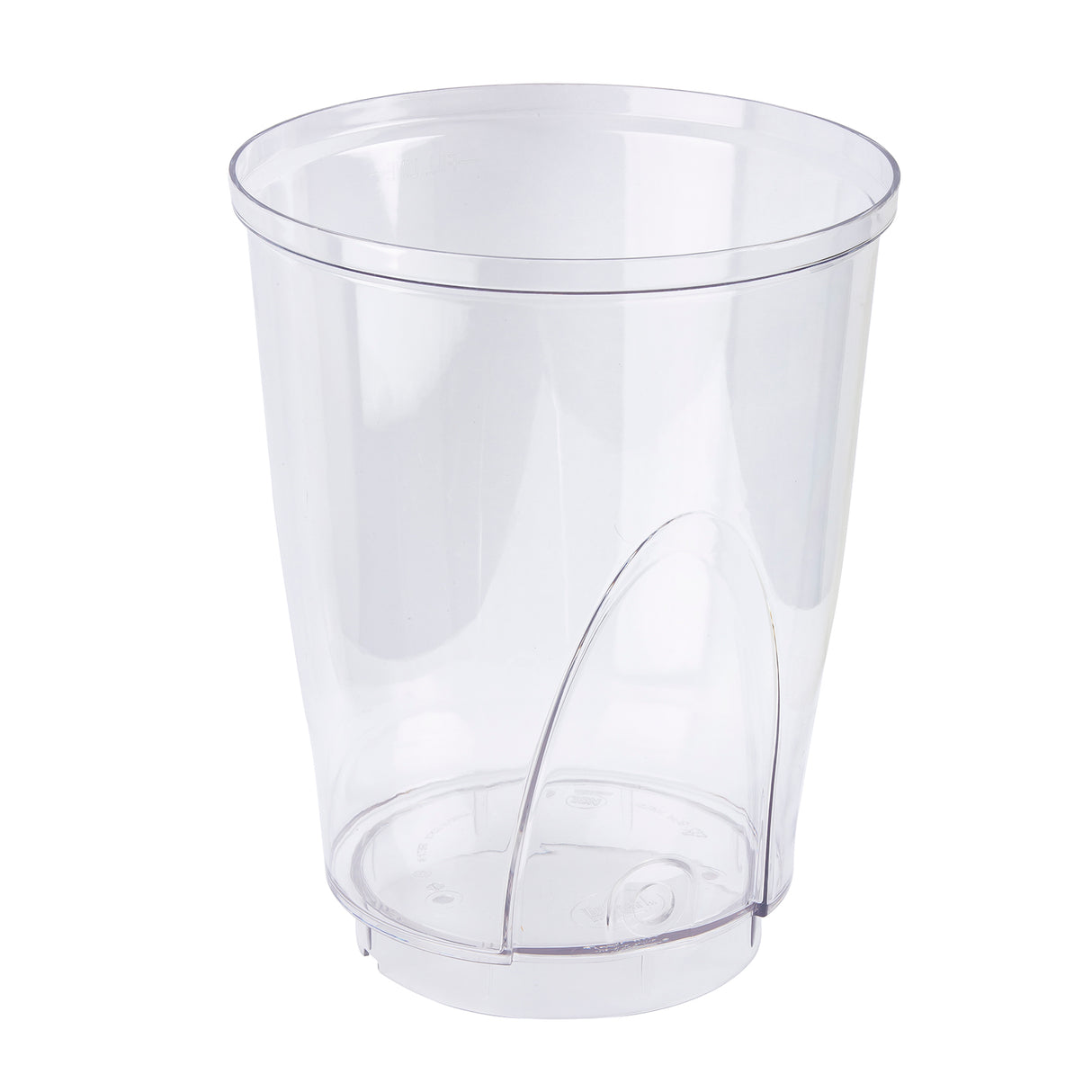 A clear, plastic, cylindrical replacement reservoir with a smooth surface and rounded bottom, featuring a curved divider on one side inside the cup. This dishwasher safe container is empty and set against a plain white background.