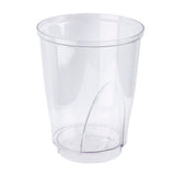 A clear, plastic, cylindrical replacement reservoir with a smooth surface and rounded bottom, featuring a curved divider on one side inside the cup. This dishwasher safe container is empty and set against a plain white background.