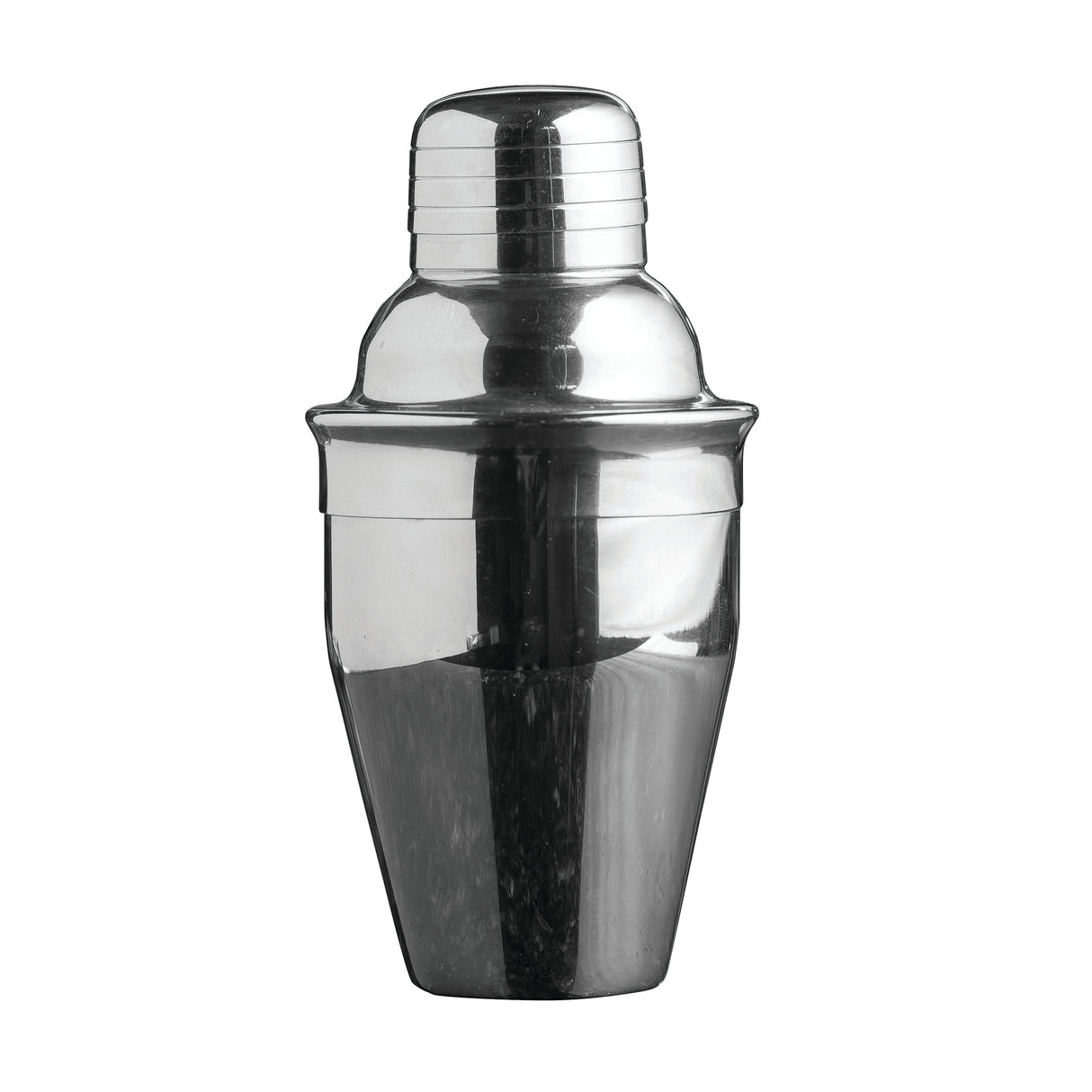 A shiny, stainless steel cocktail shaker is shown against a plain white background. The shaker has a rounded cap and tapered body, with a reflective surface that emphasizes its smooth, polished appearance.