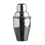A shiny, stainless steel cocktail shaker is shown against a plain white background. The shaker has a rounded cap and tapered body, with a reflective surface that emphasizes its smooth, polished appearance.