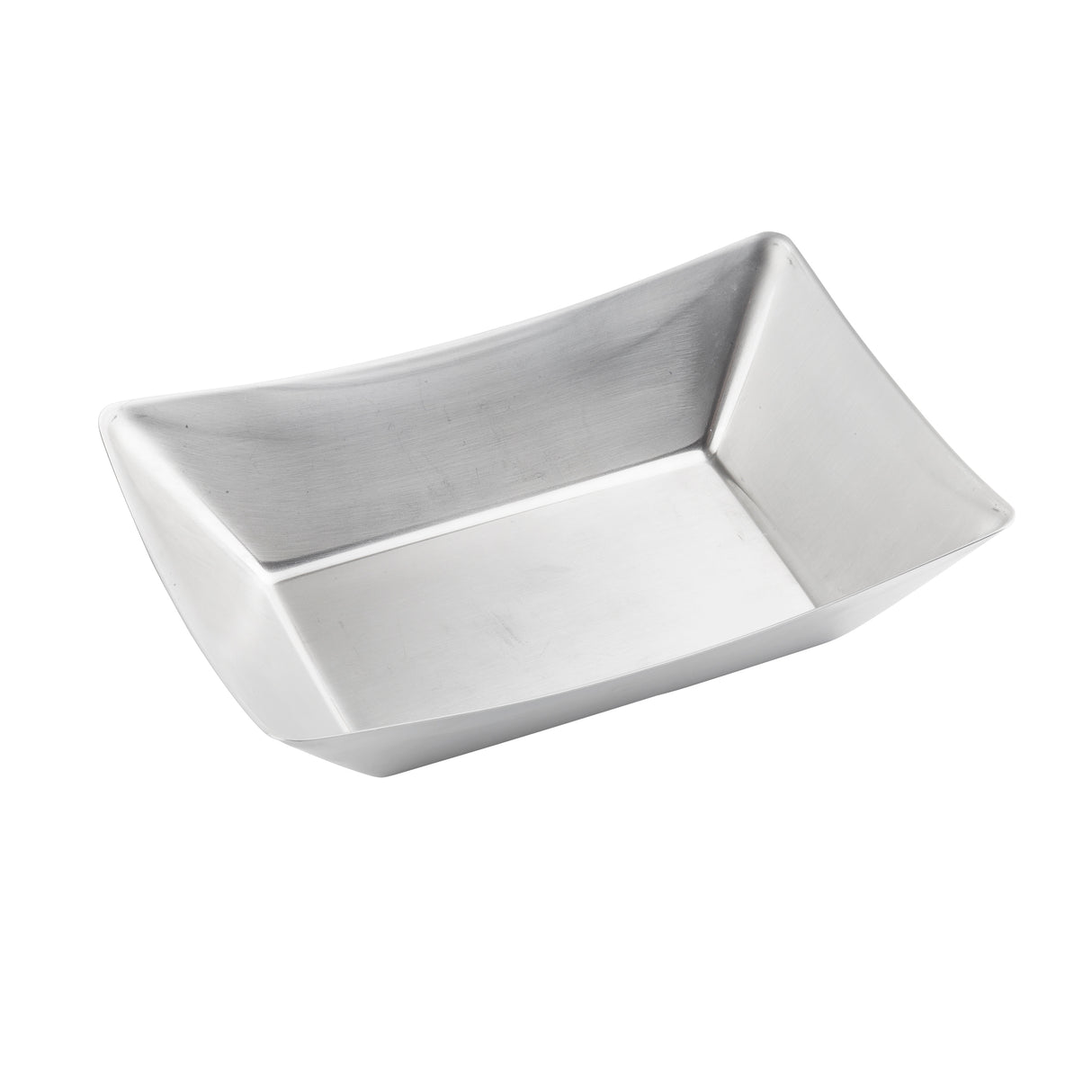 A rectangular, deep Better Burger Fry Tray made of brushed stainless steel with slanted sides and slightly rounded corners. Smooth, reflective, and dishwasher safe, this tray features a modern, minimalist design with subtle light scratches.