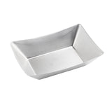 A rectangular, deep Better Burger Fry Tray made of brushed stainless steel with slanted sides and slightly rounded corners. Smooth, reflective, and dishwasher safe, this tray features a modern, minimalist design with subtle light scratches.