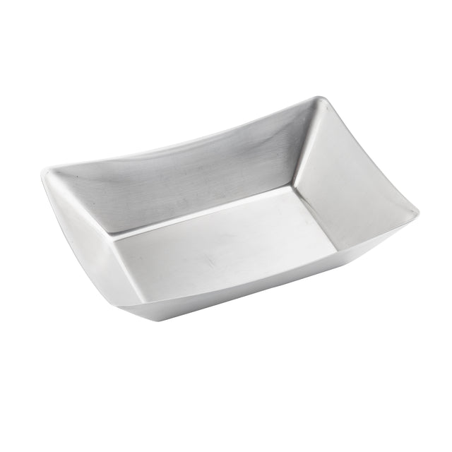 A rectangular, deep Better Burger Fry Tray made of brushed stainless steel with slanted sides and slightly rounded corners. Smooth, reflective, and dishwasher safe, this tray features a modern, minimalist design with subtle light scratches.
