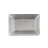 A rectangular, silver stainless steel fry tray with rounded corners and slightly sloped sides, viewed from above on a white background. The smooth, brushed surface is not only sleek but also dishwasher safe for easy cleaning.