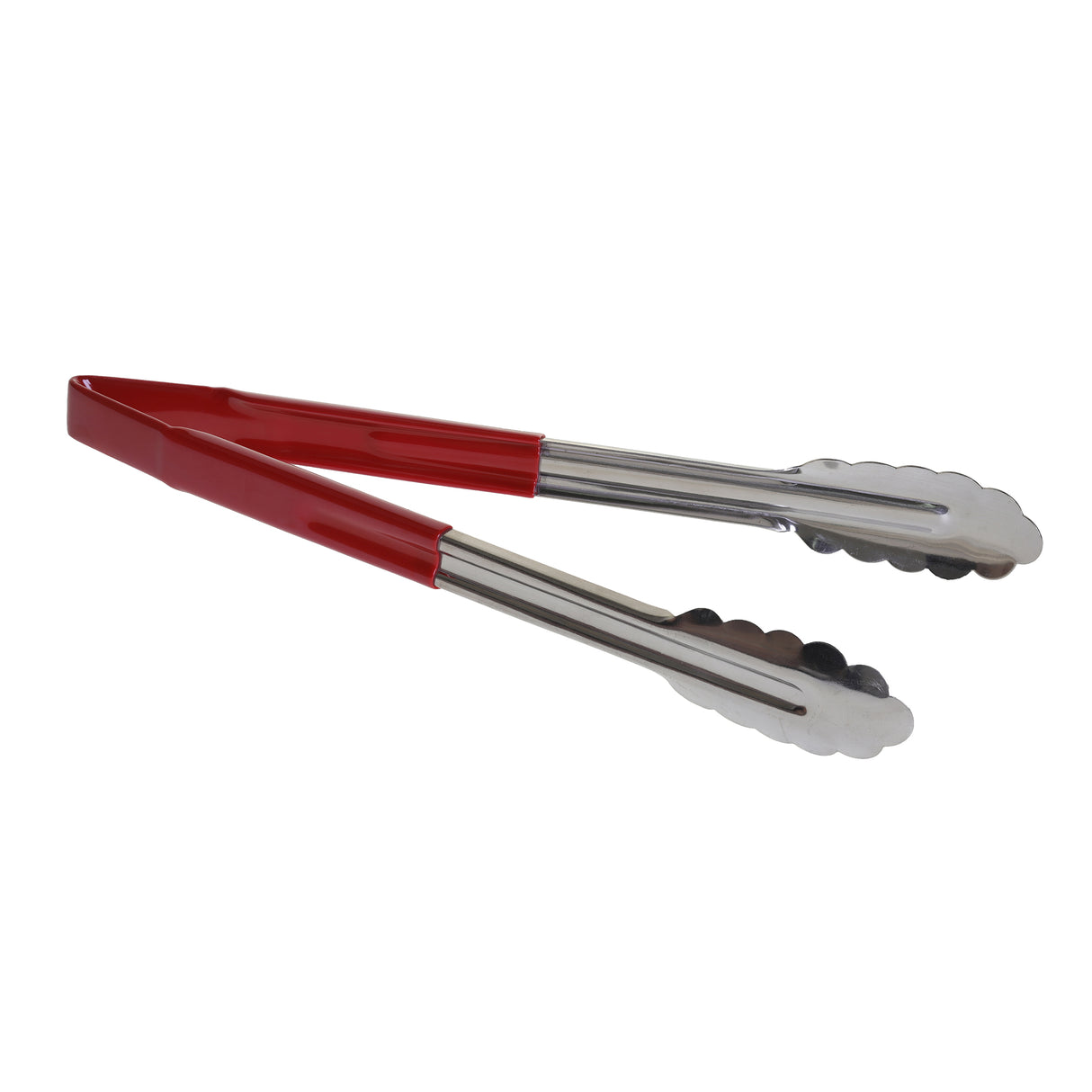 A pair of metal kitchen tongs made from spring steel with scalloped edges and red plastic-coated handles. These dishwasher safe tongs are shown against a plain white background, angled diagonally with the gripping ends facing right.