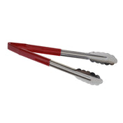 A pair of metal kitchen tongs made from spring steel with scalloped edges and red plastic-coated handles. These dishwasher safe tongs are shown against a plain white background, angled diagonally with the gripping ends facing right.